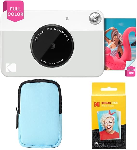 Kodak Printomatic Full-Color Instant Print Camera Starter Bundle + Soft Case + Zink 20 Pack Photo Paper - Colorful Photos On 2x3 Sticky-Back Paper - Fun Gift for Birthday Christmas Holiday - Grey