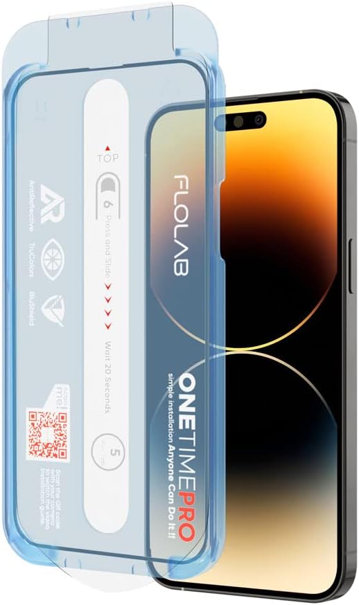 FLOLAB NanoArmour ONETIME PRO Anti Reflective for iPhone 14 Pro Screen Protector Best Tempered Glass Protects Your Eyes - Durable, Smooth as Butter, Easy to Install, Dust Free