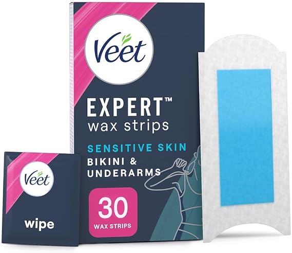 Veet Expert Bikini Cold Wax Strips, Sensitive Skin, 30 Strips, 3 Wipes