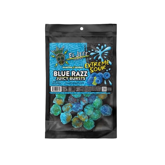 El Jefe Snacks Extreme Sour Blue Razz Juicy Bursts Candy Ultra Sour Blue Raspberry Candy Fruit-Filled Candy Bites with Extreme Coating, 6oz