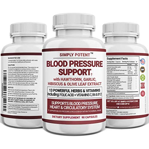 Blood Pressure Support Supplements - Healthy Heart, Cholesterol, Cardio, Hypertension, High BP - 13 Vitamins & Herbs - Folic Acid, Vitamins C B6 & B12, Hawthorn Olive Leaf Garlic Hibiscus, 90 Capsule