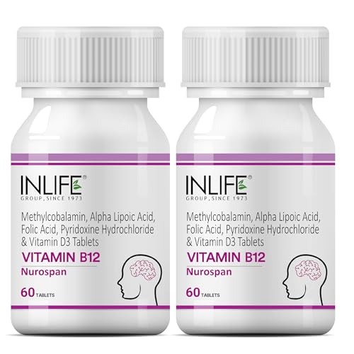 INLIFE Vitamin B12 Methylcobalamin 1500mcg Supplement with ALA Alpha Lipoic Acid, Folic Acid, Vitamin D3 | Nervous System & Brain Supplement for Memory Focus and Energy | 60 Count Pack of 2