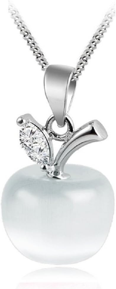 Crystalline Azuria Apple Pendant Necklace with Crystals Simulated Cat Eye Stone 18K White Gold Plated Jewelry Necklaces 18 inches for Women