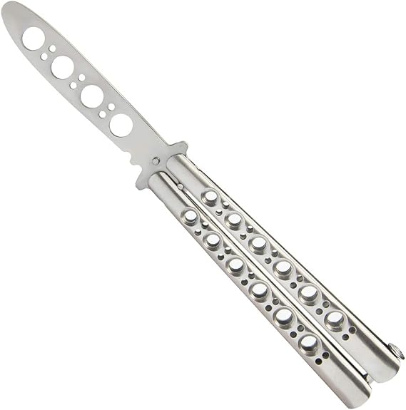 Butterfly Practice Knife - Un-sharpened Blade - All Stainless Steel - 100% Safe - Blunt Butterfly Training Knife - Silver