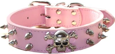 Spiked Leather Dog Collar, 2 Rows Bullet Rivets Studded PU Leather, Cool Skull Pet Collar for Medium and Large Dogs M, Pink