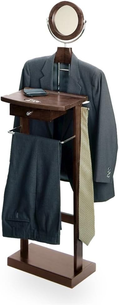 Furnifact Solid Wood Clothes Valet Stand in Dark Espresso with Round Mirror, Drawer, Tray, Pants and Tie Hangers, and Shoe Base, Elegant Clothing Valet for Bedroom