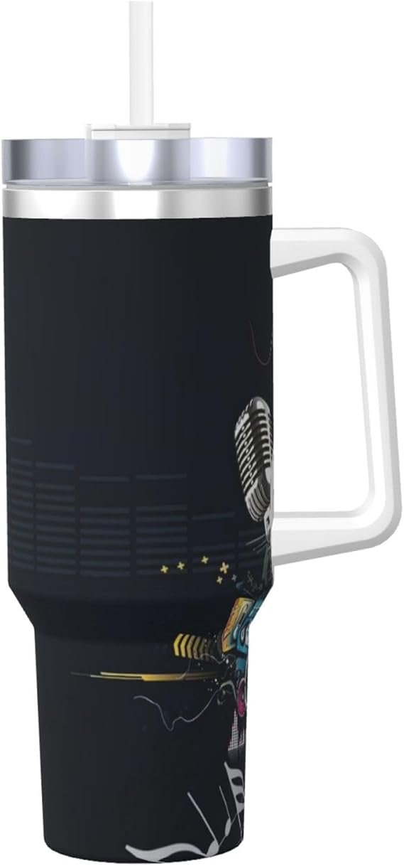 Abstract Music,40OZ Ice Bully Cup with Handle Stainless Steel Mug Water Bottle