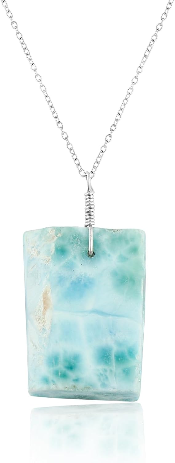 100% Authentic Raw Larimar Pendant Necklace, Natural Gemstone Healing Crystal, Birthstone 18 inch, Imitation Jewellery/Pectolite/Sea Stone