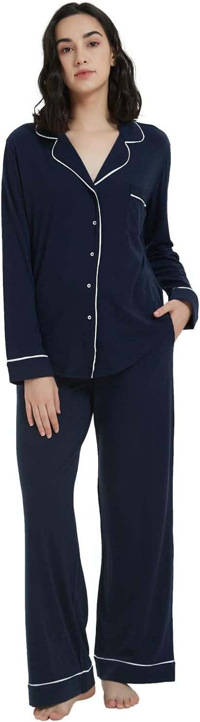 Women's Merino Wool Pajamas Set 2-Piece Long Sleeve Soft Sleepwear Shirt & Pajama Pants Button Up Pjs Lounge Sets