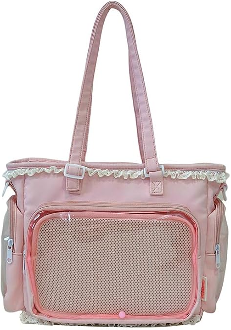 Womens Y2k Kawaii Hand Bag With Clear Display Window Shoulder Bag Lace Ruffle Trim Crossbody Tote