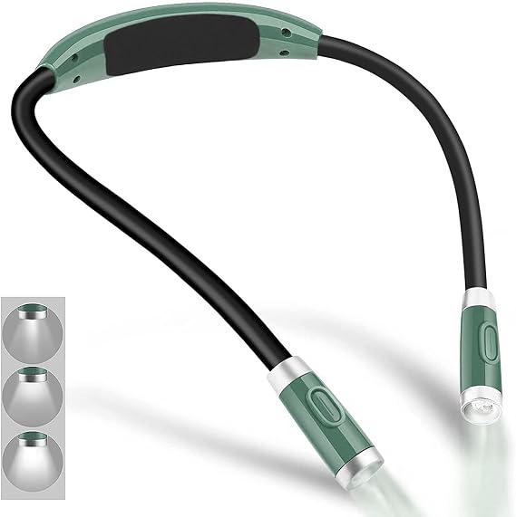 Rechargeable 4 LED Neck Reading Light, Book Lights for Reading in Bed, 3 Brightness Levels, Bendable Arms, Long Lasting. Perfect for Reading, Craft & Knitting (Army Green)