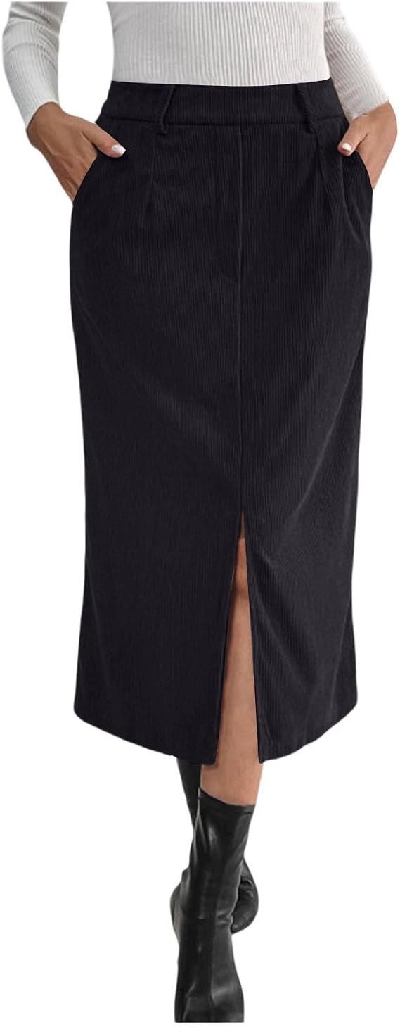 Women's Corduroy Work Skirts High Waisted Pencil Midi Skirts Business Casual Office Fall Winter Outfits with Pockets