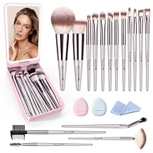 Makeup Brushes with Case, 20PCs Travel Makeup Brush Set, Foundation Concealer Blush Eyeshadow Brush Set Contour Powder Eyebrow Eyelash Brush Kit with Led Light Mirror Holder & 2 Powder Puff-Champagne