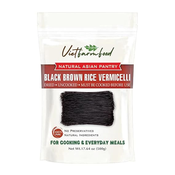 BLACK BROWN RICE VERMICELLI 17.64 Oz (500g) VIETFARMFOOD - Traditional Dried Vietnamese Rice Noodles - Soft and Tender Texture