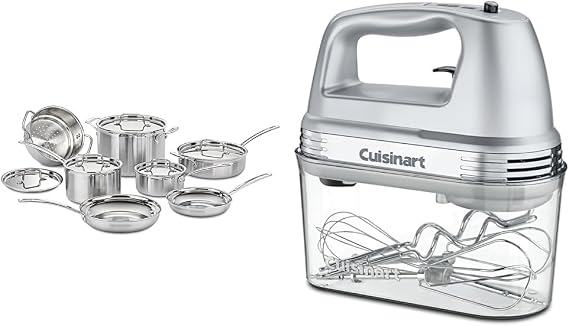Cuisinart 12 Piece Cookware Set, MultiClad Pro Triple Ply, Silver, MCP-12N & HM-90BCS Power Advantage Plus 9-Speed Handheld Mixer with Storage Case, Brushed Chrome