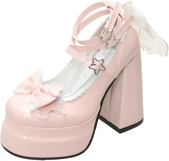 Sweet Lolita Mary Jane Platform Shoes - Kawaii Ankle Strap & Ribbon Bow Dress Pumps for Anime Cosplay, Parties or Daily Wear