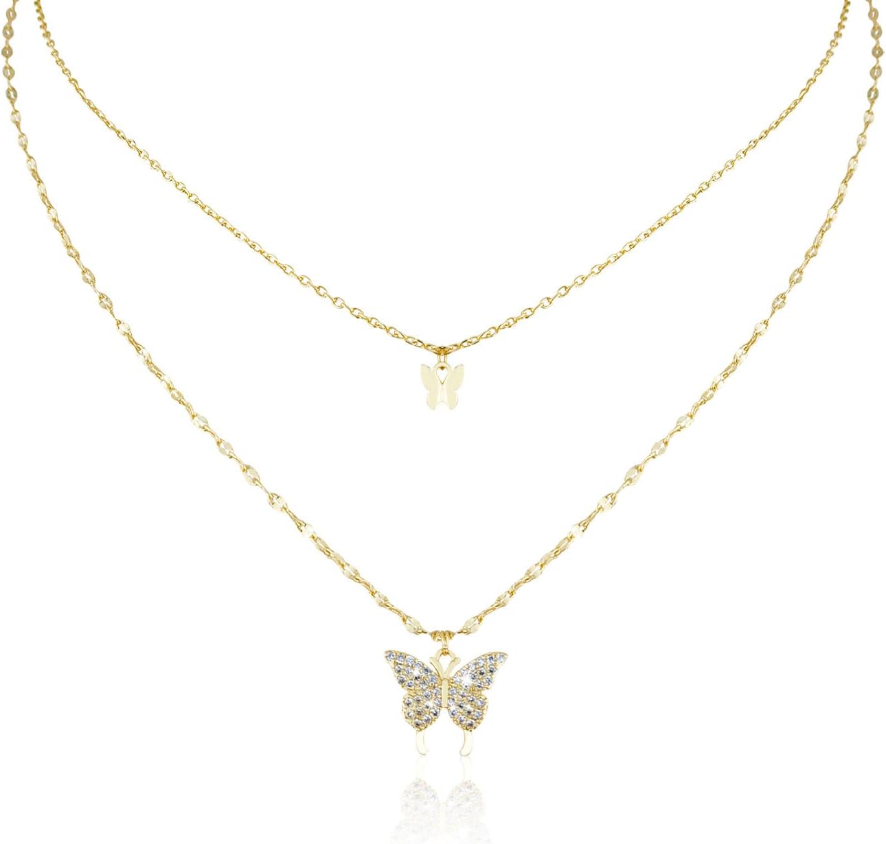 Double Layer Clavicle Chain Necklace, Silver Butterfly Necklace Retro Silver Jewellery Cubic Zirconia Butterfly Pendant Double Layered Necklaces for Women Girl