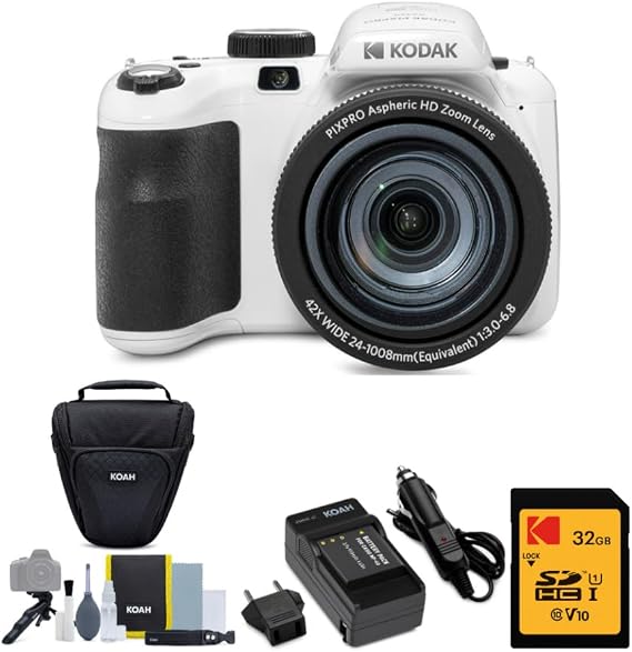 Kodak PIXPRO Astro Zoom AZ425 20MP Digital Camera (White) Bundle | Rechargeable Battery, 32GB SD Card, Accessory Kit, Case, (4 items)