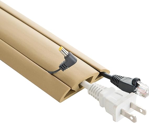 UT Wire 3Channel Floor Cord Protector with TopLoading Access Flexible, StayFlat Rubber Cable Concealer for Home & Office CuttoLength, Premium Adhesive Included - 5 ft in Beige