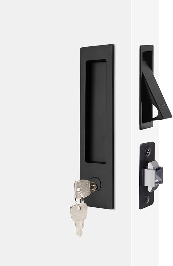 Dontay Pocket Door Lock with Key,Edge Pull,Flush Recess Handle,Matte Black