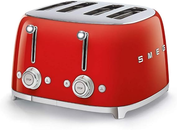 SMEG 4 Slice Toaster TSF03, Retro Stainless-Steel Toaster with Wide Slots for Bagels, 6 Browning Levels, Defrost Reheat Bagel Functions, Dual Controls, Crumb Trays,1800W - TSF03RDUS - Red