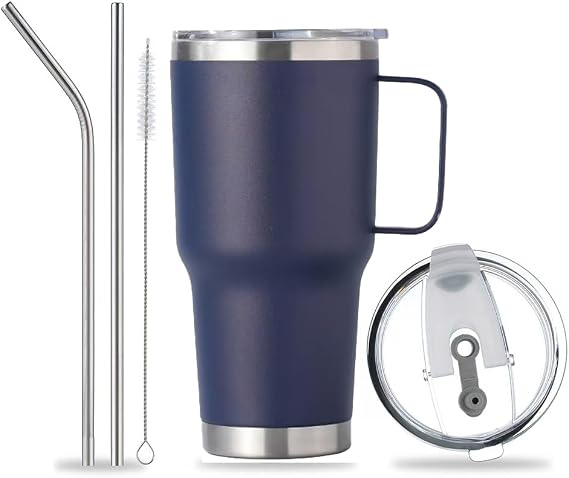 30 OZ Tumbler with Lid and Straw, 304 Stainless Steel Tumbler with Handle, Double Wall Vacuum Insulated Tumbler, Leakproof Travel Mug, Navy