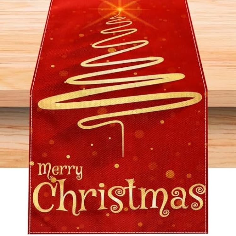 Merry Christmas Table Runners 72 Inches Long, Gold Line Trees Xmas Star Red Table Decorations, Seasonal Winter Home Decor Indoor Outdoors Runners for Parties Holiday Farmhouse Kitchen Dining Room
