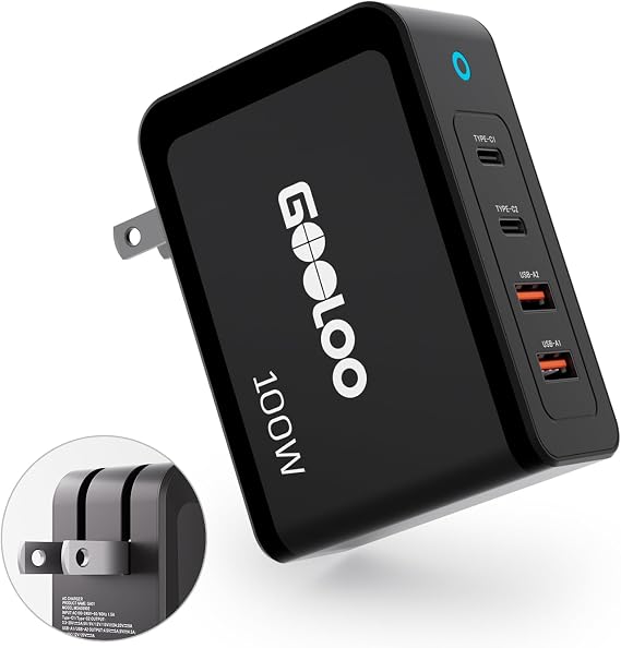 GOOLOO 100W USB C Charger Block - 4-Port Foldable Compact Fast Wall Charger | For MacBook Pro/Air/iPad/iPhone Series and More - SuperSafe Power Adapter for GT3000/GT4000S/GT6000/A7 Jump Starters