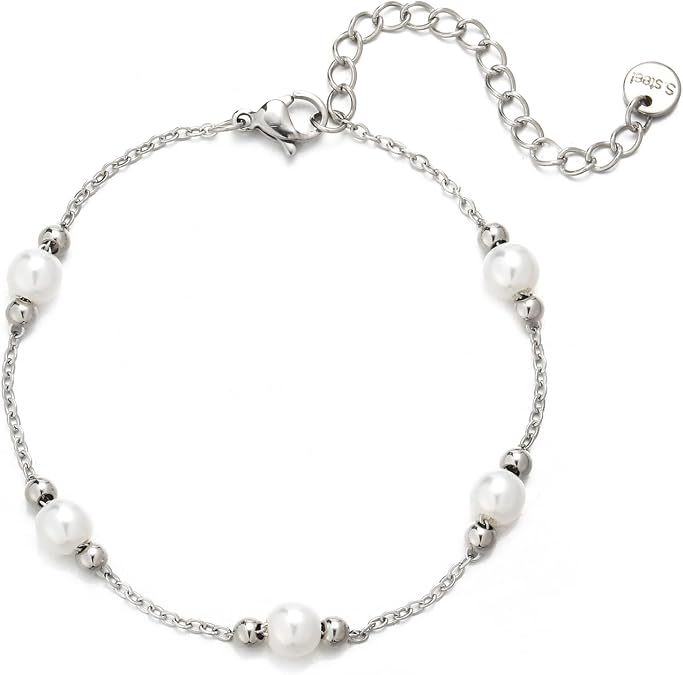 Silver Pearl Bracelets for Women Trendy White Gold Plated Dainty Pearl Beaded Bracelets Adjustable Chain Wedding Bridesmaid Bracelet Silver Jewelry Women Gifts Her