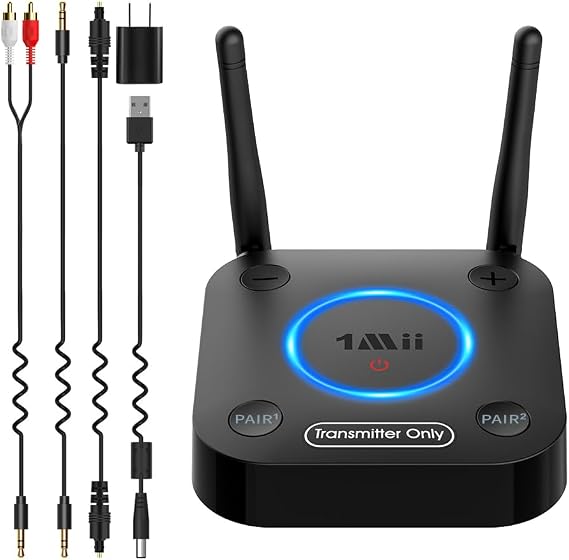 1Mii B06TX Bluetooth 5.3 Transmitter for TV aptX HD & LL Low Latency USB Powered Optical Digital AUX Coaxial | Wireless Audio Transmitter from Digital TV to Bluetooth Headphone Speaker Simultaneously Connect 2