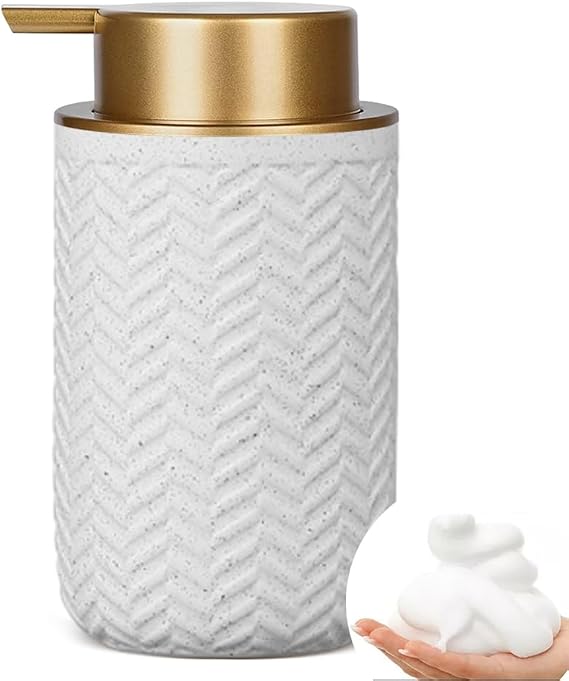 Foaming Dispenser, Kitchen Soap Dispenser with Gold Soap Pump, Ceramic Foam Soap Dispenser for Bathroom, 12 Oz Refillable Soap Dispenser for Hand Wash, Sanitizer, Shower Gel (Beige)