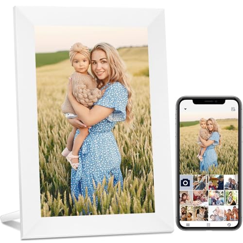 AEEZO 10.1 Inch WiFi Digital Picture Frame, IPS Touch Screen Smart Cloud Photo Frame with 32GB Storage, Auto-Rotate Easy Setup to Share Photos or Videos via AiMOR APP, Wall Mountable White