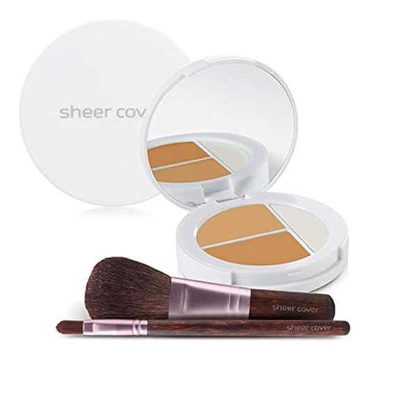 Sheer Cover Flawless Face Kit Perfect Shade Mineral Foundation Conceal & Brighten Highlight Trio with FREE Foundation Brush and Concealer Brush Tan Shade 4 Pieces