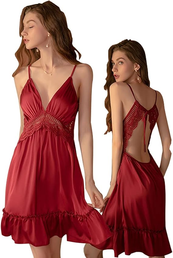 Womens Sexy Chemise Satin Lace V Neck Lingerie Nightgown Sleepwear Nightwear Full Slips Dress