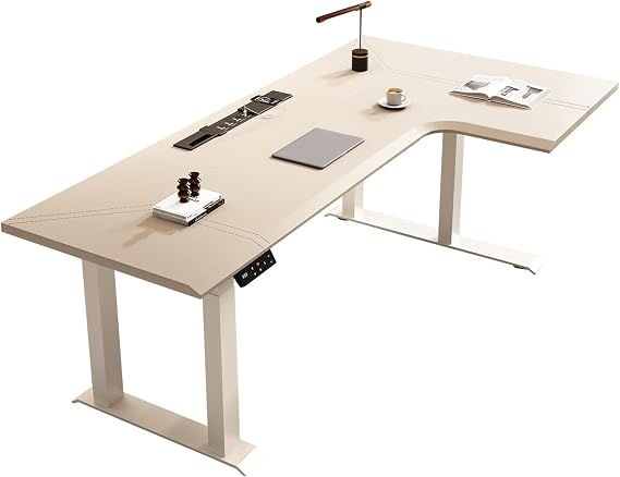 PC Desk L-Shaped Electric Standing Desk with Charging Outlets, Height Adjustable Corner Home Office with Saddle Leather Top(L)