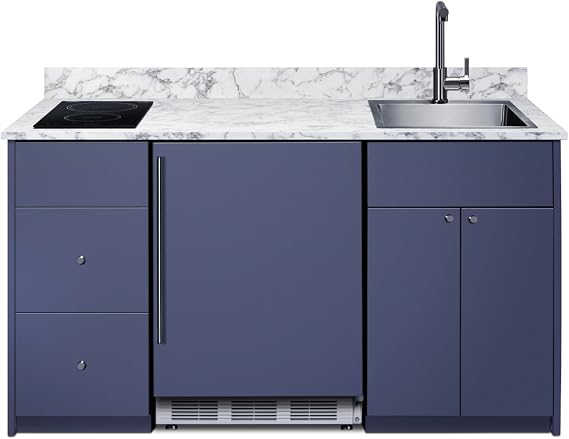 Summit All in One Kitchenette, with Induction Cooktop, Refrigerator Freezer, Sink, and Storage, ADA Compliant, Standalone Kitchen, Blue- CALDERAMN33I
