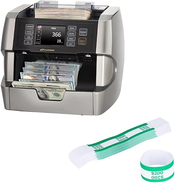 NUCOUN VC-7 Mixed Denomination Money Counter Machine and Money Bands for Cash $200 Green Pack of 150