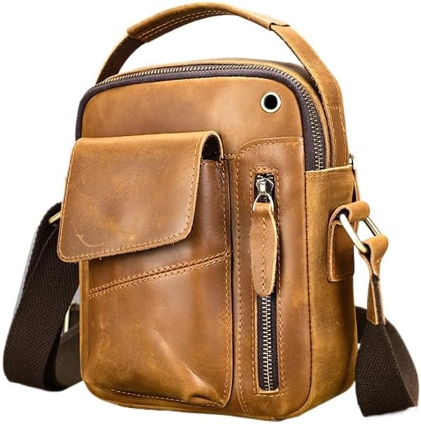 Small Retro Messenger Bag for Men, Cowhide Leather Crossbody Handbag with Adjustable Strap