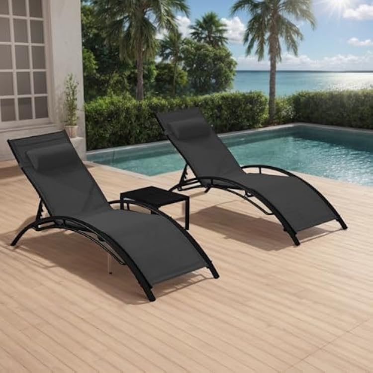 Patio Chaise Lounge Set of 3, Pool Lounge Chairs with Pillow, Side Table & 5-Position Adjustable Backrest, Sunbathing Recliner for Poolside, Deck & Backyard Black