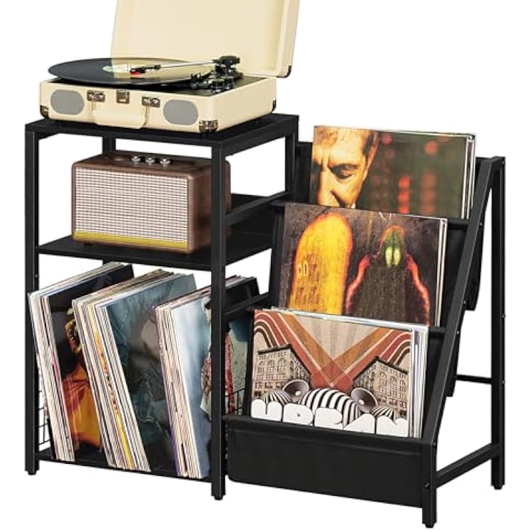LELELINKY Black End Table,Record Player Stand with Vinyl Storage,3 Tier Side Table with Display Shelf Storage Up to 150 Albums,Industrial Large Record Holder Cabinet for Living Room