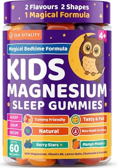 Kids Magnesium Glycinate Sleep Gummies – Calm, Focus & Relaxation Support with Magnesium, B6, L-Theanine & Chamomile – Berry Stars & Mango Moons – 60 Vegan Gummies – Star & Moon Shape – Age 4+