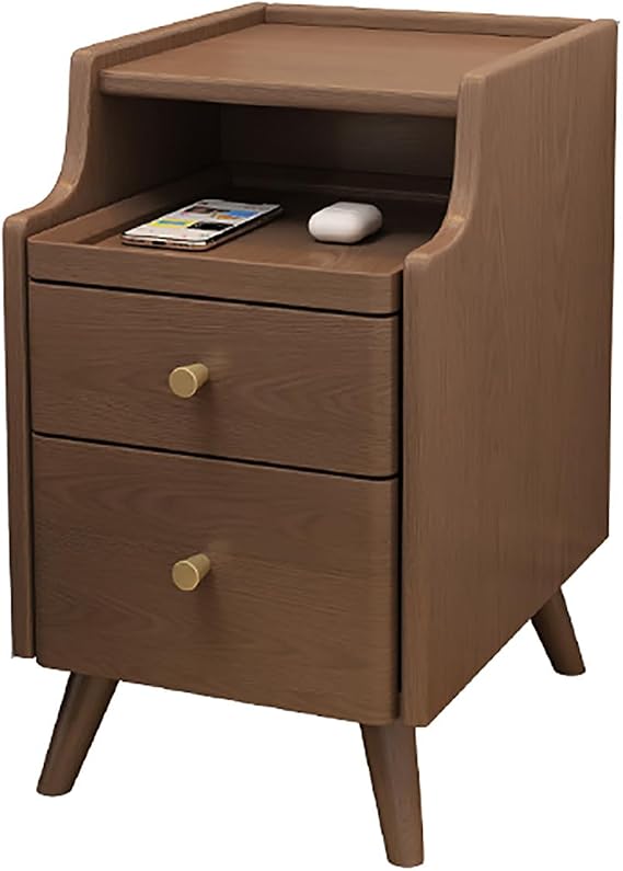 Solid Wood Nightstand with 2 Drawer, Narrow Bedside Tables with Bookshelf, Mid Century Modern Slim Skinny Side Table for Bedroom, Living Room, Small Spaces (30x40x50cm(12x16x20inch), Walnut)