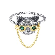 Cat Ring, Vintage 925 Sterling Silver Cat Head Glasses Rings for Women with Chain