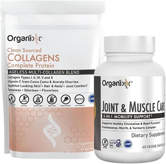 Organixx Clean Sourced Collagens (30 Serv) & Joint & Muscle Care (60 Caps) Bundle, Collagen Protein plus Organic Turmeric, Frankincense & Myrrh, Supports Joint, Skin, Hair & Immune Health, Gluten Free