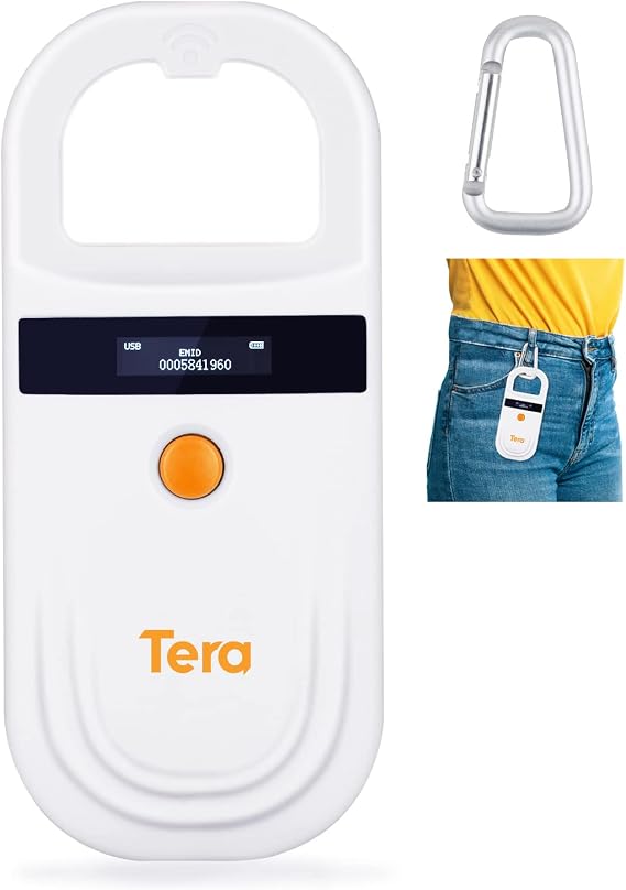 Tera Pet Microchip Reader Scanner RFID Portable Animal Chip ID Scannerw/OLED Display Rechargeable Data Storage Tag Supports EMID FDX-B(ISO11784/85) Dog Cat Pig Animal Management, Orange