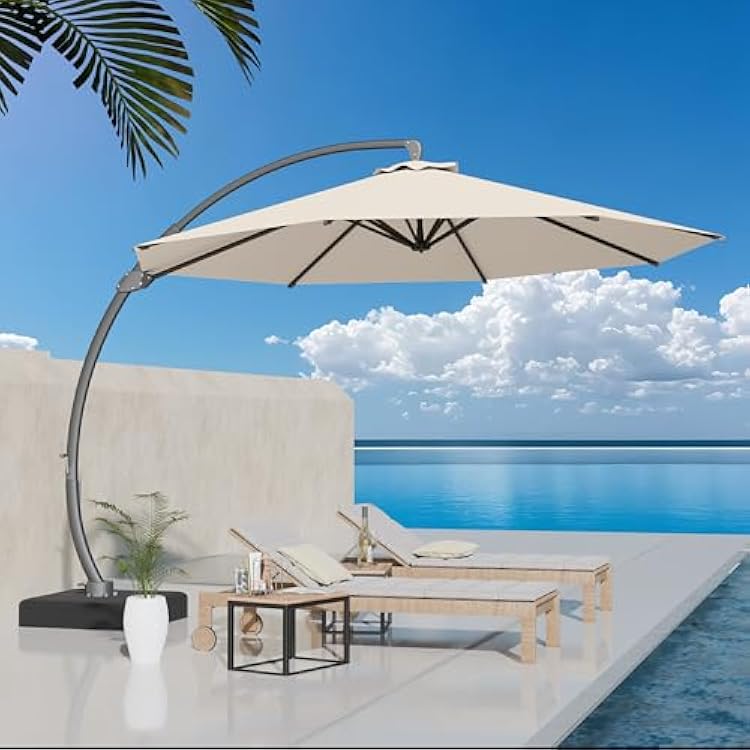 Kingdura 11ft Offset Cantilever Patio Umbrella with Base Included, Large Round Aluminum Outdoor Umbrella, 360 Rotation & Infinite Tilt, Heavy Duty Frame for Deck Pool Backyard, Creamy White