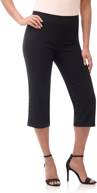 Rekucci Women's Extra Comfort Straight Leg Pull-On Capri with Button Detail at the Hem