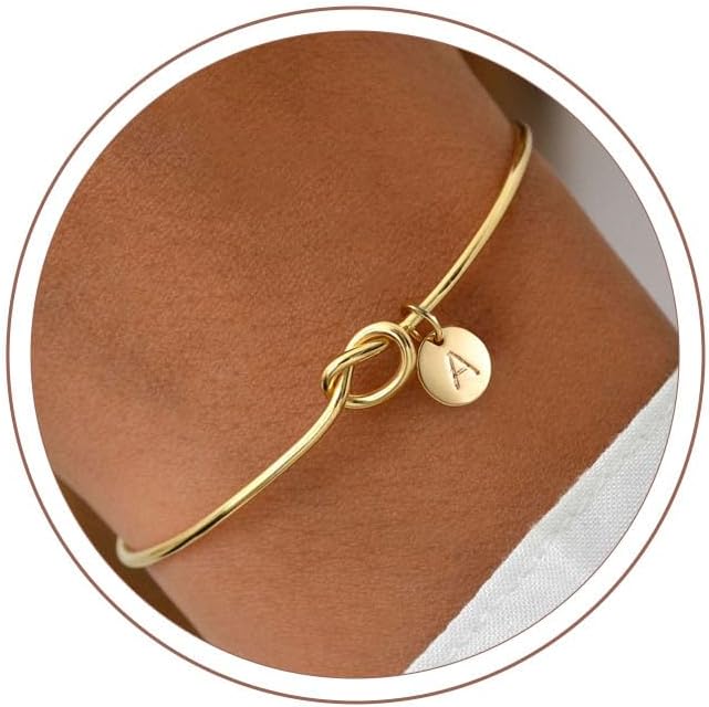 Turandoss Knot Initial Bracelet for Women, 14K Gold Plated Cuff Bangle