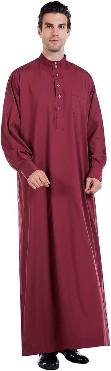 IMEKIS Men's Muslim Clothes Kaftan Robe Arabic Dubai Long Gown Ethnic Clothes Crew Stand Collar Wedding Eid Thobe