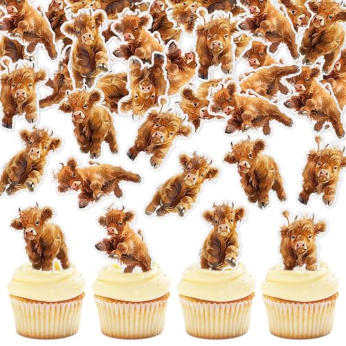 40Pcs Edible Highland Cow Cupcake Toppers Cute Highland Cow Baby Cupcake Picks for Cows Birthday Baby Shower Drink Topper Highland Cow Farm Birthday Cake Decorations